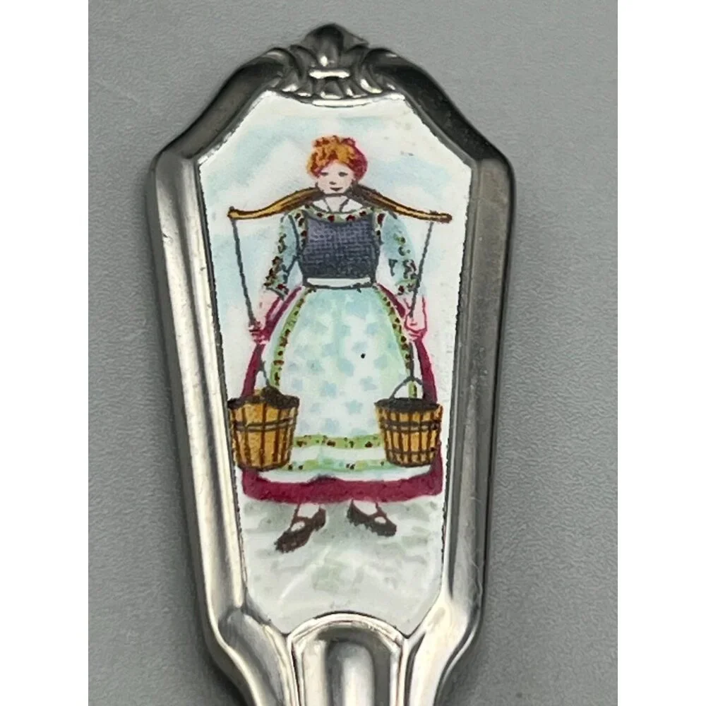 Vtg Stainless Sugar Spoon Enamel Handle German Woman Buckets Milkmaid - Picture 2 of 8